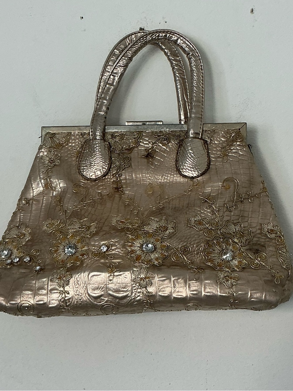 Vintage Gold Embossed Croc Frame Satchel Floral Embroidery Rhinestone Bag